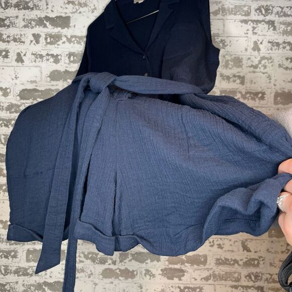 Loft | women navy blue gauzy romper shorts button up - Picture 12 of 12